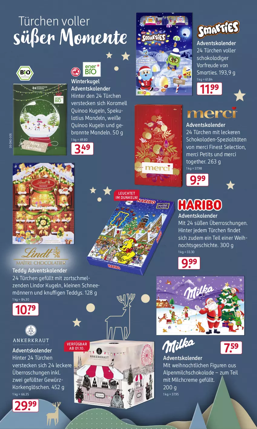 Aktueller Prospekt Rossmann - Prospekte - von 16.09 bis 13.10.2024 - strona 6 - produkty: Adventskalender, alpenmilch, creme, ente, gewürz, karamell, Kugel, leine, Leuchte, lindor, mandel, mandeln, merci, milch, quinoa, schoko, schokolade, schokoladen, smarties, Spezi, Ti