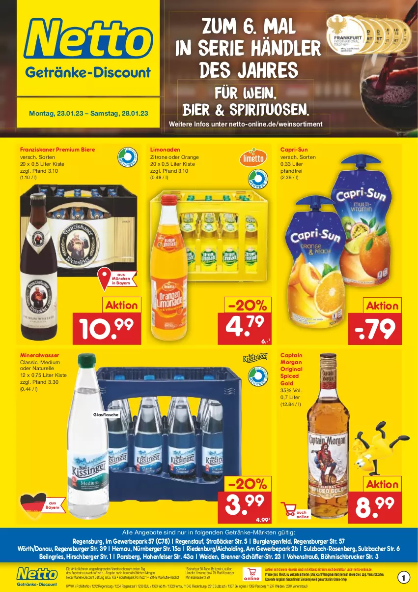 Aktueller Prospekt Netto Marken-Discount - Getränkemarkt in deiner Nähe - von 15.03.2021 bis 28.01.2023 - strona 1 - produkty: Alwa, angebot, angebote, Bad, Berger, bestpreis, bier, Biere, burger, Cap, capri-sun, captain morgan, discount, eis, elle, flasche, franziskaner, getränk, getränke, gin, glasflasche, Holz, LG, limo, limonade, limonaden, marken-discount, Mett, mineralwasser, natur, ndk, nürnberger, orange, original spiced gold, regensburger, reis, rel, rosen, spirituosen, Ti, wasser, wein, zitrone, ZTE