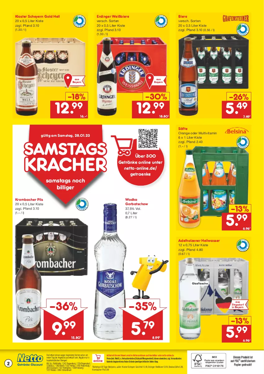 Aktueller Prospekt Netto Marken-Discount - Getränkemarkt in deiner Nähe - von 15.03.2021 bis 28.01.2023 - strona 2 - produkty: adelholzener, angebot, bestpreis, bier, Biere, eis, erdinger, flasche, getränk, getränke, glasflasche, Gorbatschow, Holz, kracher, krombache, krombacher, krombacher pils, ndk, orange, pils, reis, säfte, Ti, vita, wasser, wodka, ZTE