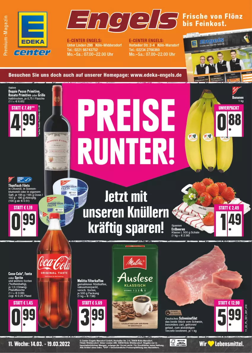 Aktueller Prospekt E Center - Angebote der Woche - von 14.03 bis 19.03.2022 - strona 1 - produkty: aldi, blume, blumen, blumenöl, Brei, deka, eis, elle, Engel, ente, fanta, feinkost, filet, filets, filterkaffee, fisch, flasche, gin, in olivenöl, kaffee, lebensmittel, mars, melitta, olive, oliven, olivenöl, Omep, reis, reiss, röstkaffee, saft, schwein, schweine, schweinefilet, tee, teller, thunfisch, thunfisch filets, Ti, wein, weine