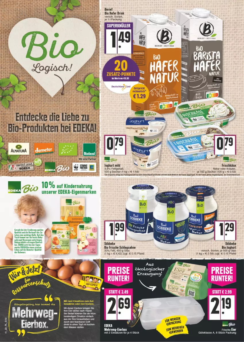 Aktueller Prospekt E Center - Angebote der Woche - von 14.03 bis 19.03.2022 - strona 10 - produkty: angebot, angebotspreis, apfel, Becher, bio, bioland, deka, deutschland card, deutschlandcard, drink, edeka bio, eier, eis, elle, frischkäse, hafer, joghur, joghurt, joghurt mild, Käse, Kinder, Kindernahrung, kräuter, LG, natur, oder kräuter, reis, ring, sahne, schlagsahne, söbbeke, Spiele, Ti, tisch, topf, wasser