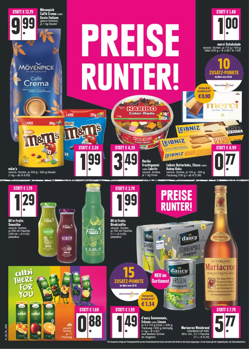 Aktueller Prospekt E Center - Angebote der Woche - von 14.03 bis 19.03.2022 - strona 2 - produkty: angebot, angebotspreis, beutel, bohne, bohnen, butter, butterkeks, deutschlandcard, eis, elle, ente, erbsen, flasche, haribo, kakao, keks, leibniz, LG, linsen, mariacron, mövenpick, reis, Ria, säfte, tee, wein, weinbrand