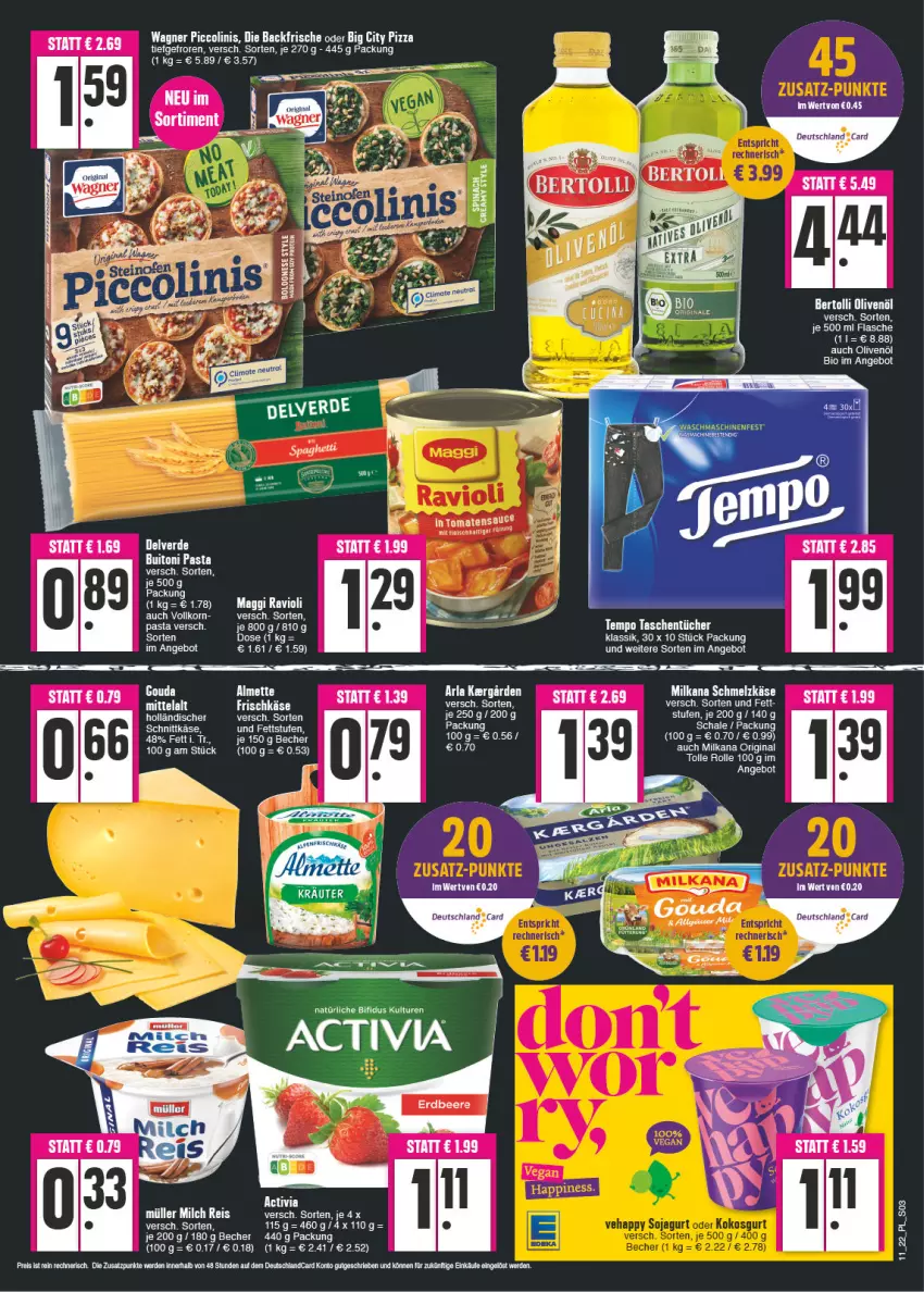 Aktueller Prospekt E Center - Angebote der Woche - von 14.03 bis 19.03.2022 - strona 3 - produkty: activia, almette, angebot, arla, Becher, bertolli, bifi, bio, bolognese, buitoni, buitoni pasta, deutschlandcard, eis, elle, ente, erde, flasche, gin, Käse, korn, maggi, Mett, milka, milkana, olive, oliven, olivenöl, pasta, ravioli, reis, Schmelzkäse, schnittkäse, Ti