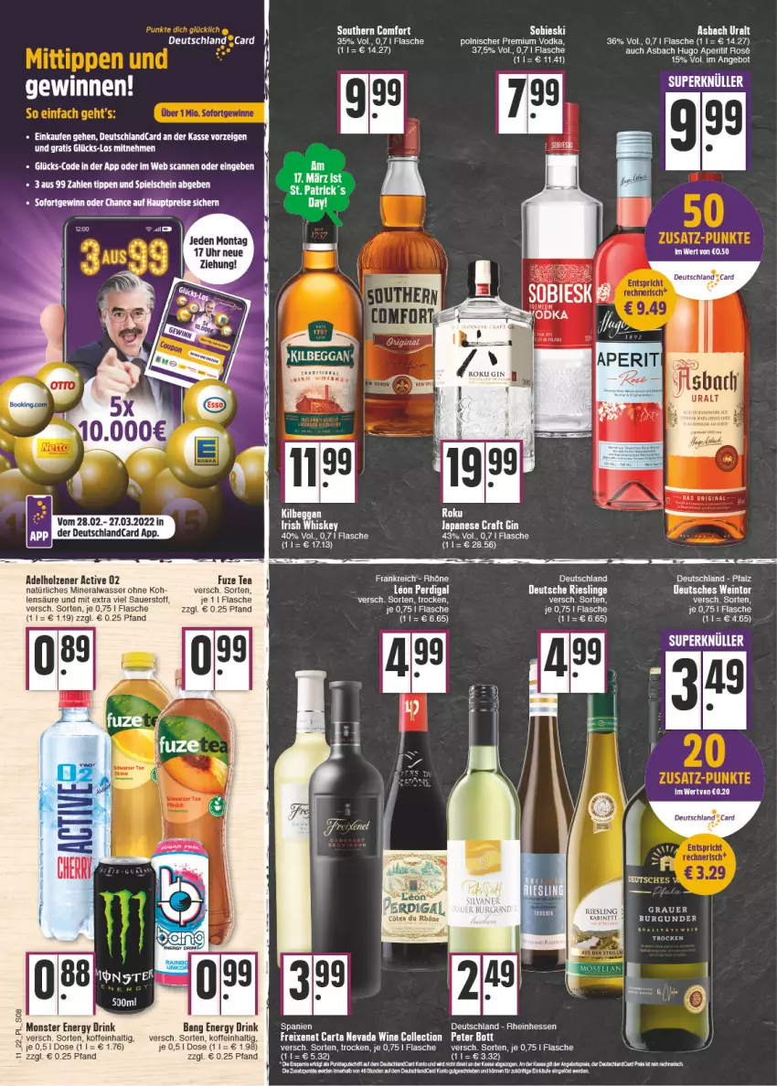 Aktueller Prospekt E Center - Angebote der Woche - von 14.03 bis 19.03.2022 - strona 8 - produkty: adelholzener, Alwa, angebot, aperitif, asbach uralt, auer, burgunder, deutschland card, deutschlandcard, drink, energy drink, ente, flasche, freixenet, fuze tea, gin, Holz, hugo, kilbeggan, mineralwasser, monster, Monster Energy, natürliches mineralwasser, premium vodka, rel, riesling, tee, Ti, uhr, vodka, wasser, wein