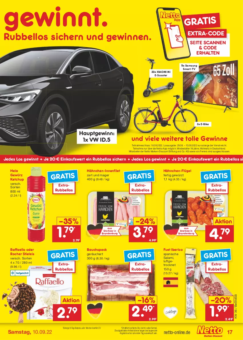 Aktueller Prospekt Netto Marken-Discount - Filial-Angebote - von 05.09 bis 10.09.2022 - strona 17 - produkty: angebot, Bau, bestpreis, discount, E-Bike, eis, ferrero, filet, gewürz, Hela, ketchup, marken-discount, raffaello, reis, salami, Samsung, scooter, Speck, stieleis, Ti, ZTE