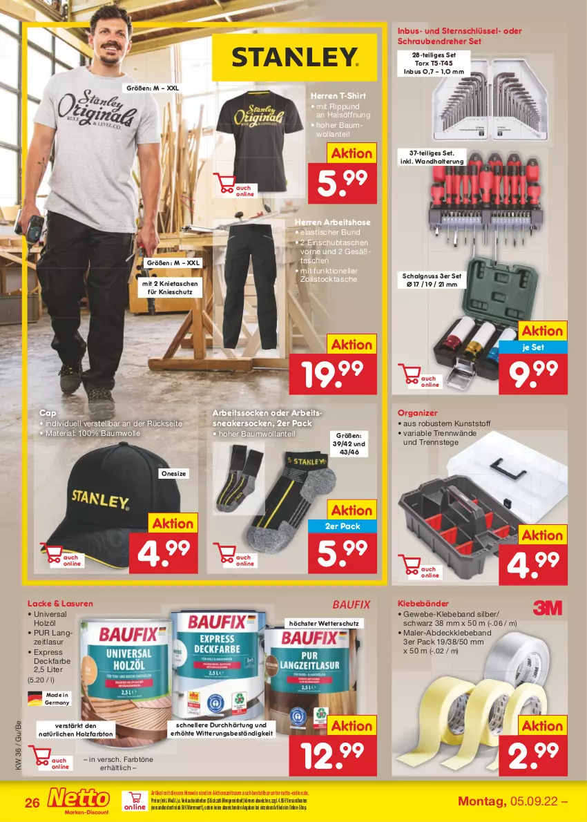 Aktueller Prospekt Netto Marken-Discount - Filial-Angebote - von 05.09 bis 10.09.2022 - strona 26 - produkty: Arbeitssocken, asti, Bau, baumwolle, Beba, Cap, eis, elle, Germ, Holz, hose, lack, Lacke, LG, ndk, nuss, reis, Ria, Schal, schrauben, Schraubendreher, shirt, sneaker, sneakersocken, socken, T-Shirt, Tasche, taschen, Ti, tisch, versandkostenfrei, wandhalterung, wolle