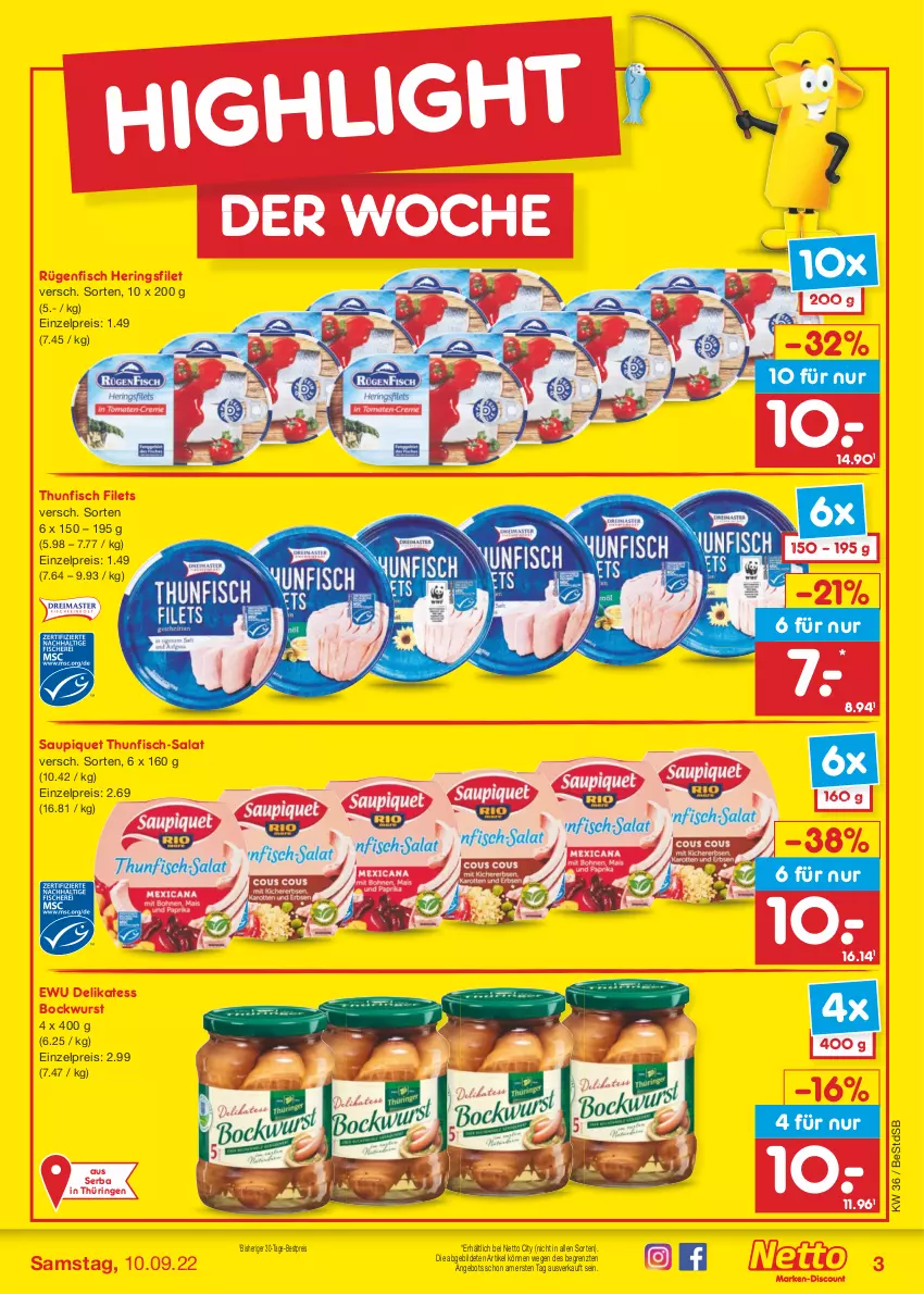 Aktueller Prospekt Netto Marken-Discount - Filial-Angebote - von 05.09 bis 10.09.2022 - strona 3 - produkty: angebot, bestpreis, bockwurst, eis, filet, filets, fisch, hering, Herings, reis, ring, rügenfisch, salat, saupiquet, thunfisch, thunfisch filets, Ti, wurst, ZTE