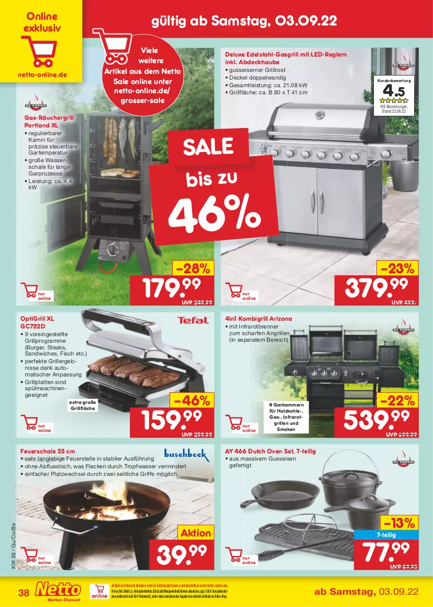 Aktueller Prospekt Netto Marken-Discount - Filial-Angebote - von 05.09 bis 10.09.2022 - strona 38 - produkty: abdeckhaube, auto, burger, decke, Deckel, edelstahl, eis, elle, feuerschale, fisch, gasgrill, grill, grillfläche, grillplatte, grillrost, Holz, holzkohle, Kamin, latte, ndk, reis, sandwich, Schal, Schale, spülmaschinen, steak, steaks, Ti, tisch, versandkostenfrei, wasser