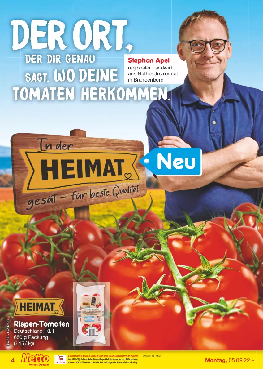 Aktueller Prospekt Netto Marken-Discount - Filial-Angebote - von 05.09 bis 10.09.2022 - strona 4 - produkty: bestpreis, eis, ndk, reis, Ti, tomate, tomaten, versandkostenfrei