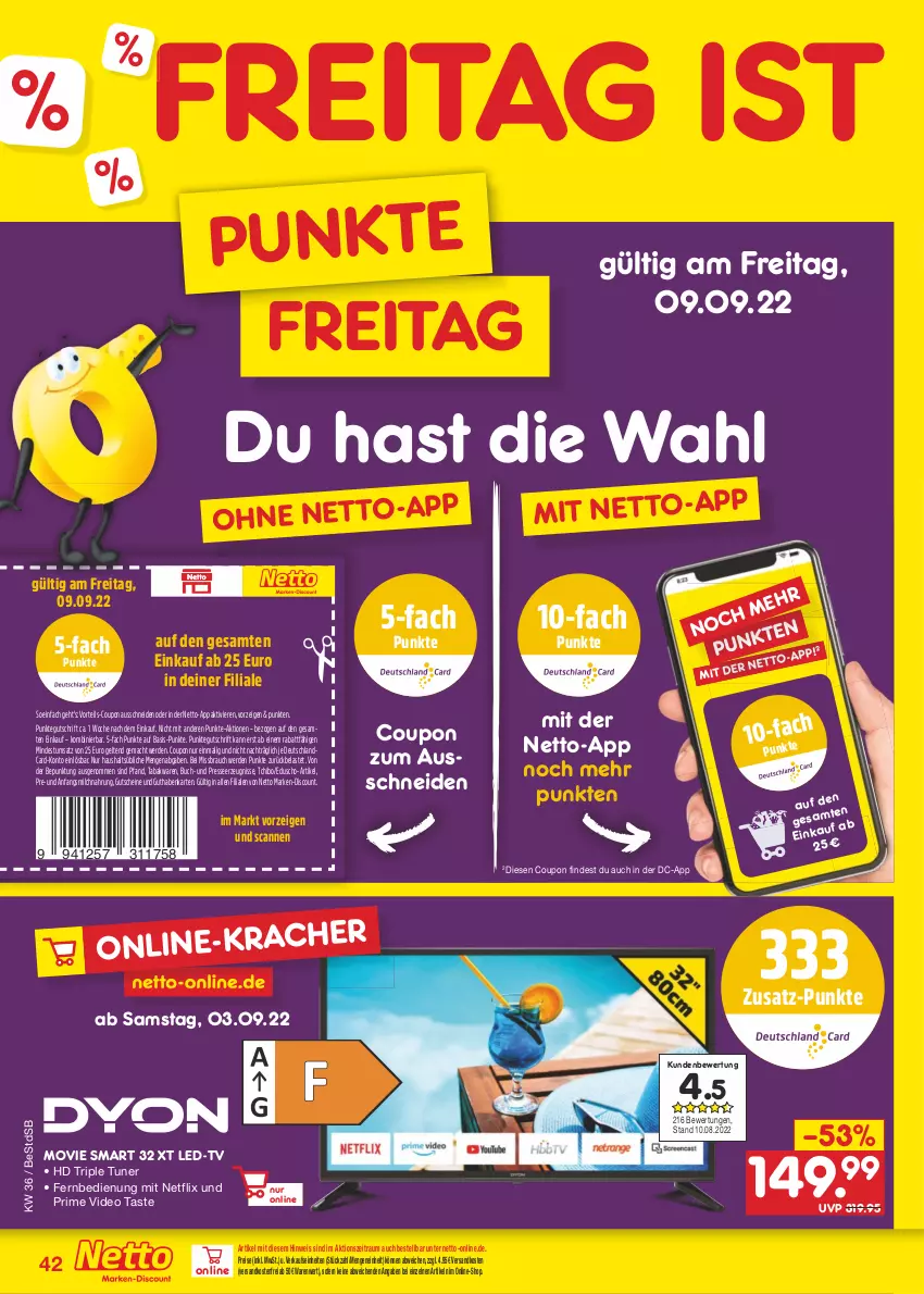 Aktueller Prospekt Netto Marken-Discount - Filial-Angebote - von 05.09 bis 10.09.2022 - strona 42 - produkty: buch, coupon, deo, deutschlandcard, discount, eduscho, eis, erde, fernbedienung, guthabenkarte, gutschein, gutscheine, hd triple tuner, mac, marken-discount, milch, ndk, netflix, Rauch, reis, Tchibo, Ti, tuner, versandkostenfrei