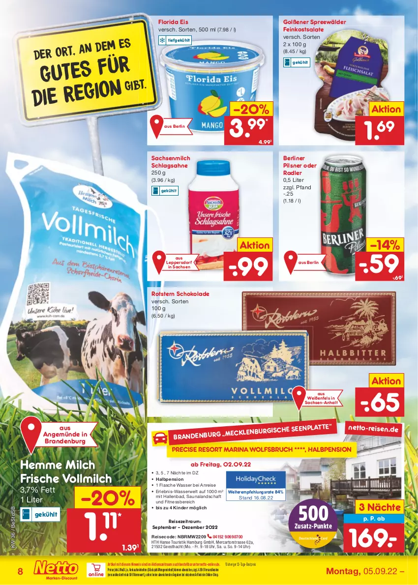 Aktueller Prospekt Netto Marken-Discount - Filial-Angebote - von 05.09 bis 10.09.2022 - strona 8 - produkty: Bad, berliner, bestpreis, eis, feinkost, feinkostsalate, flasche, Kinder, milch, ndk, oder radler, pils, pilsner, radler, reis, rwe, sac, sahne, salat, salate, schlagsahne, schoko, schokolade, spreewälder, Ti, uhr, versandkostenfrei, vollmilch, wasser