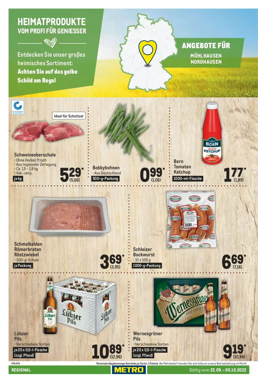 Aktueller Prospekt Metro - Regionaler Adresseinleger - von 22.09 bis 05.10.2022 - strona 100 - produkty: angebot, angebote, bockwurst, bohne, bohnen, braten, decke, Deckel, flasche, getränk, getränke, ketchup, Lübzer, Palette, pils, regal, Schal, Schale, schnitzel, schwein, schweine, Schweineoberschale, Ti, tomate, tomaten, tomaten ketchup, wein, weine, wurst, zwiebel