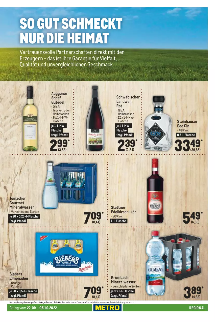 Aktueller Prospekt Metro - Regionaler Adresseinleger - von 22.09 bis 05.10.2022 - strona 105 - produkty: Alwa, cola, flasche, getränk, getränke, gin, kirsch, Kirschlikör, krumbach, likör, limo, limonade, limonaden, mac, mineralwasser, orange, Palette, rum, steinhaus, Ti, wasser, wein