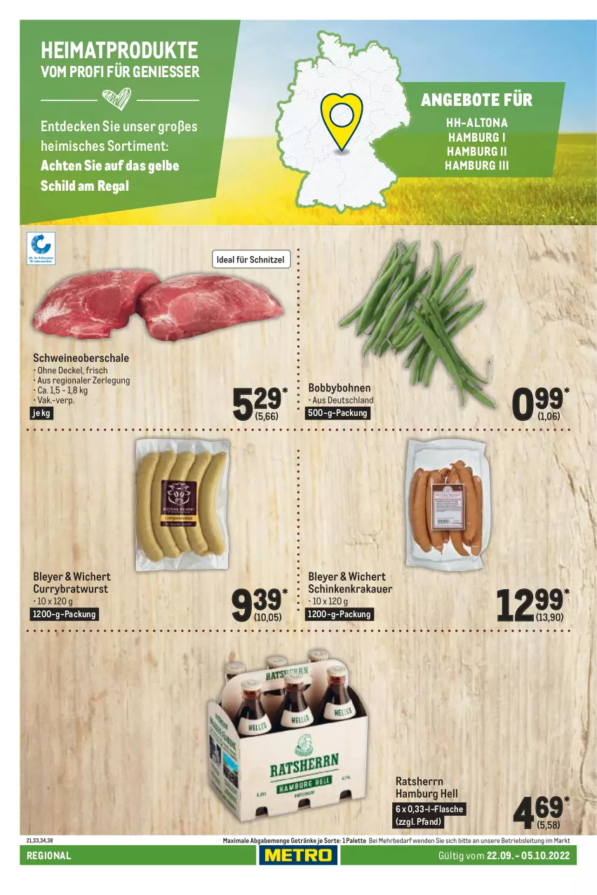 Aktueller Prospekt Metro - Regionaler Adresseinleger - von 22.09 bis 05.10.2022 - strona 26 - produkty: angebot, angebote, auer, bley, bohne, bohnen, bratwurst, curry, decke, Deckel, flasche, getränk, getränke, krakauer, Palette, Ratsherrn, regal, Schal, Schale, schinken, schinkenkrakauer, schnitzel, schwein, schweine, Schweineoberschale, Ti, wein, weine, wurst