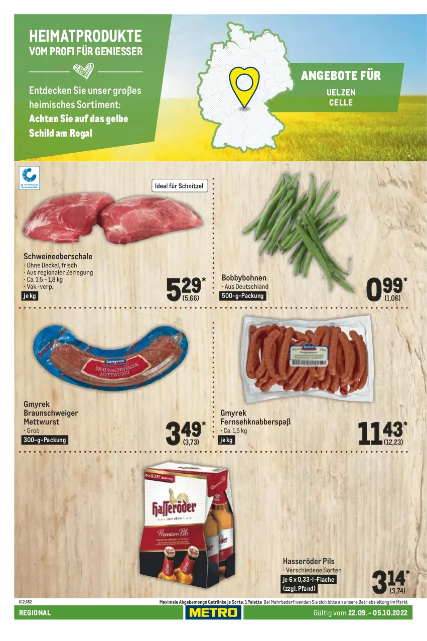 Aktueller Prospekt Metro - Regionaler Adresseinleger - von 22.09 bis 05.10.2022 - strona 28 - produkty: angebot, angebote, bohne, bohnen, braun, decke, Deckel, elle, getränk, getränke, hasseröder, Mett, mettwurst, Palette, pils, regal, Schal, Schale, schnitzel, schwein, schweine, Schweineoberschale, Ti, wein, weine, wurst