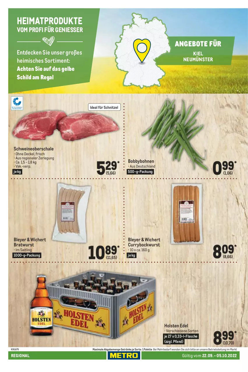 Aktueller Prospekt Metro - Regionaler Adresseinleger - von 22.09 bis 05.10.2022 - strona 30 - produkty: angebot, angebote, bley, bockwurst, bohne, bohnen, bratwurst, curry, decke, Deckel, flasche, getränk, getränke, holsten, Palette, regal, Schal, Schale, schnitzel, schwein, schweine, Schweineoberschale, Ti, wein, weine, wurst