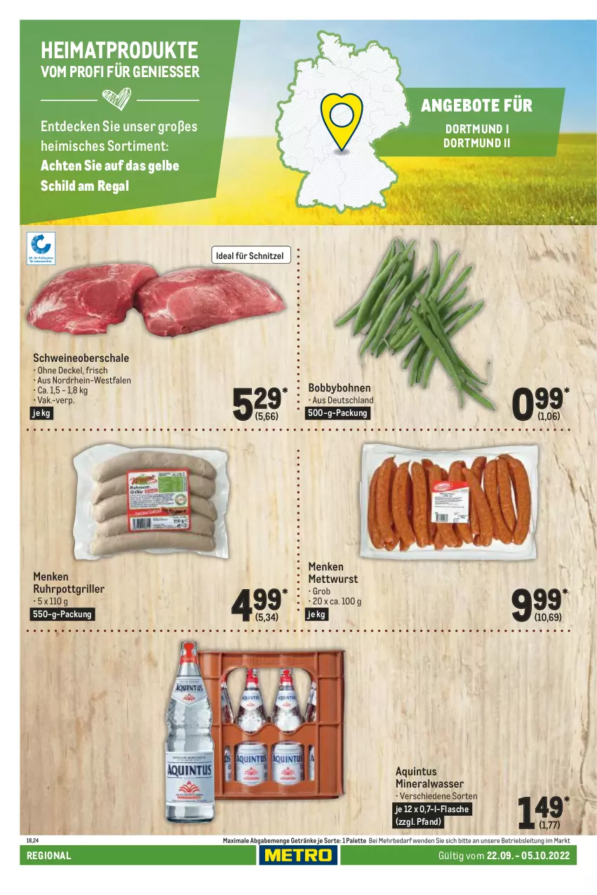 Aktueller Prospekt Metro - Regionaler Adresseinleger - von 22.09 bis 05.10.2022 - strona 34 - produkty: Alwa, angebot, angebote, bohne, bohnen, decke, Deckel, flasche, getränk, getränke, grill, Mett, mettwurst, mineralwasser, Palette, regal, Schal, Schale, schnitzel, schwein, schweine, Schweineoberschale, Ti, uhr, wasser, wein, weine, wurst