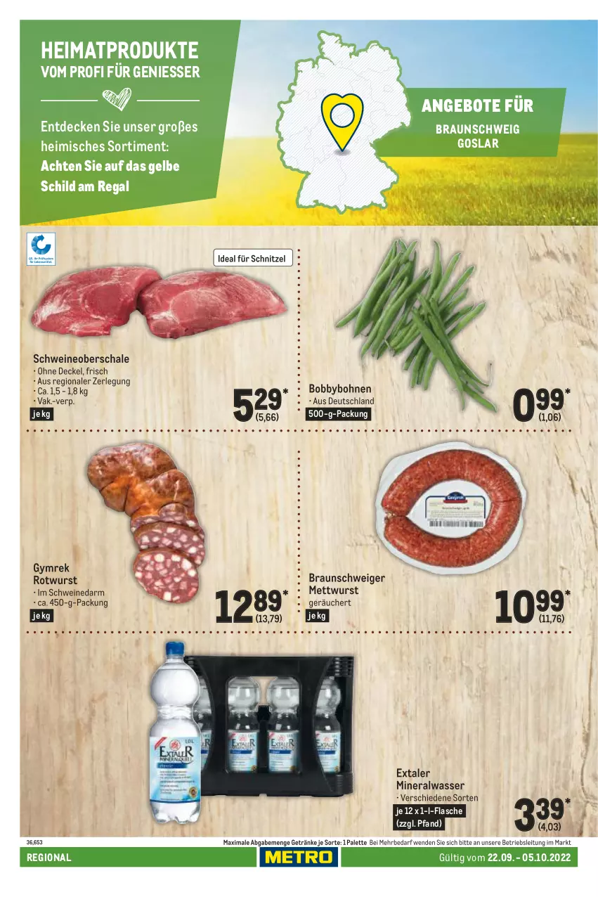 Aktueller Prospekt Metro - Regionaler Adresseinleger - von 22.09 bis 05.10.2022 - strona 40 - produkty: Alwa, angebot, angebote, bohne, bohnen, braun, decke, Deckel, Extaler, flasche, getränk, getränke, Mett, mettwurst, mineralwasser, Palette, regal, Rotwurst, Schal, Schale, schnitzel, schwein, schweine, Schweineoberschale, Ti, wasser, wein, weine, wurst