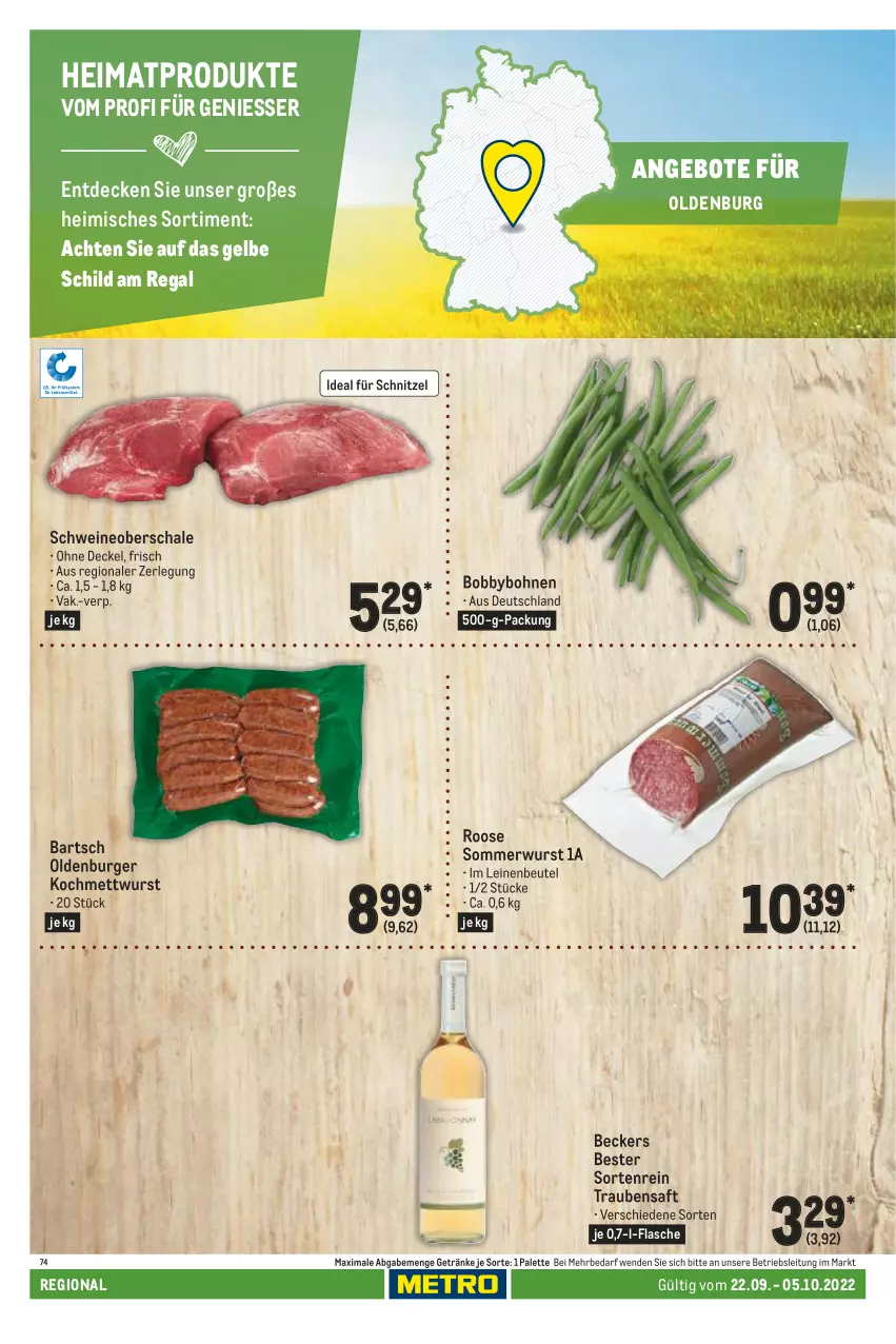 Aktueller Prospekt Metro - Regionaler Adresseinleger - von 22.09 bis 05.10.2022 - strona 42 - produkty: angebot, angebote, Beckers Bester, beutel, bohne, bohnen, burger, decke, Deckel, flasche, getränk, getränke, leine, Mett, mettwurst, Palette, regal, saft, Schal, Schale, schnitzel, schwein, schweine, Schweineoberschale, Ti, trauben, Traubensaft, wein, weine, wurst