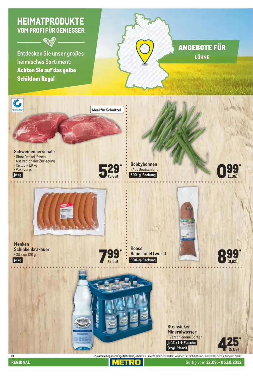 Aktueller Prospekt Metro - Regionaler Adresseinleger - von 22.09 bis 05.10.2022 - strona 44 - produkty: Alwa, angebot, angebote, auer, Bau, Bauer, bohne, bohnen, decke, Deckel, flasche, getränk, getränke, krakauer, Mett, mettwurst, mineralwasser, Palette, regal, Schal, Schale, schinken, schinkenkrakauer, schnitzel, schwein, schweine, Schweineoberschale, Steinsieker, Ti, wasser, wein, weine, wurst