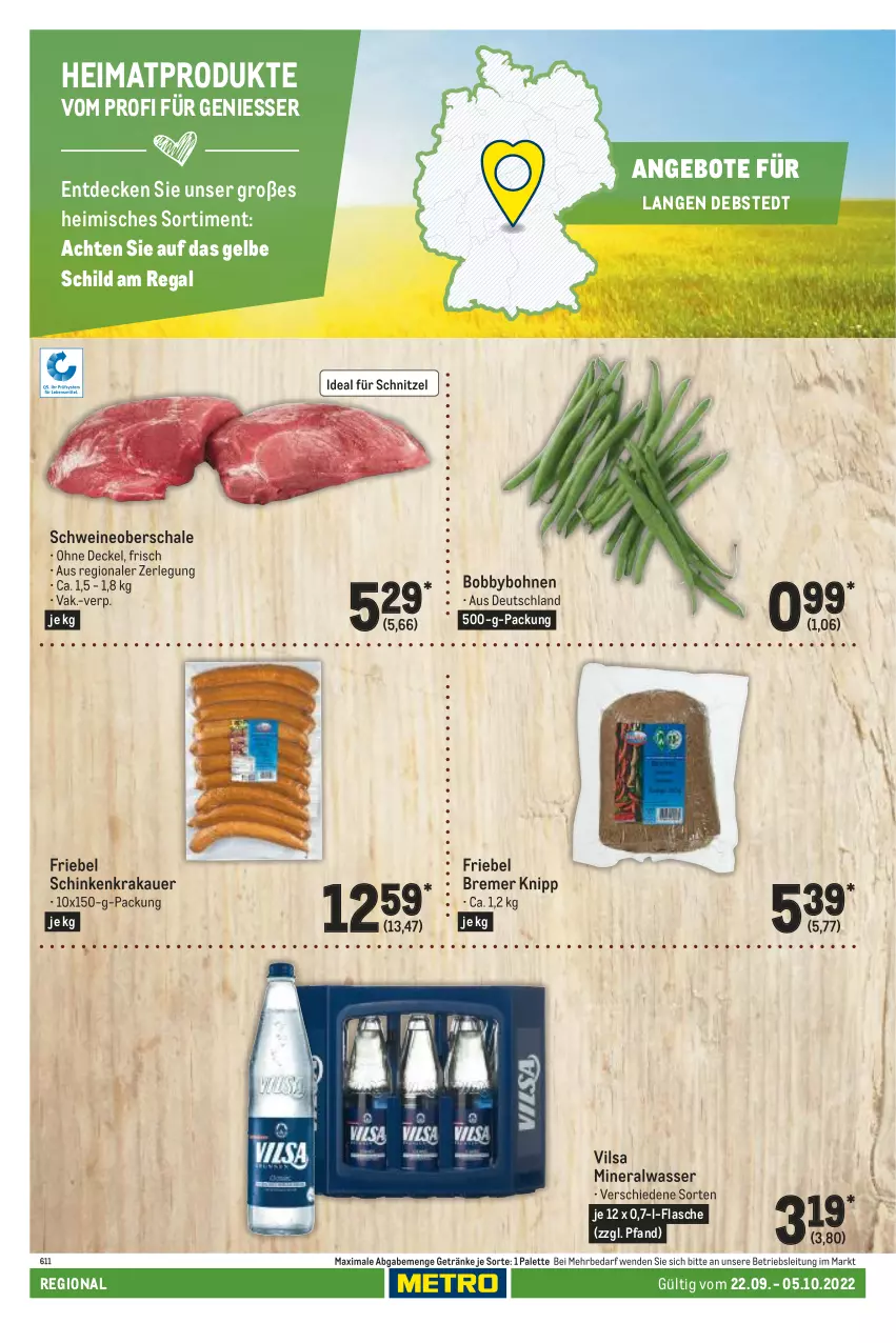 Aktueller Prospekt Metro - Regionaler Adresseinleger - von 22.09 bis 05.10.2022 - strona 46 - produkty: Alwa, angebot, angebote, auer, bohne, bohnen, decke, Deckel, flasche, getränk, getränke, krakauer, mineralwasser, Palette, regal, Schal, Schale, schinken, schinkenkrakauer, schnitzel, schwein, schweine, Schweineoberschale, Ti, vilsa, wasser, wein, weine
