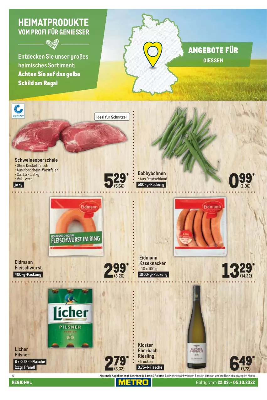 Aktueller Prospekt Metro - Regionaler Adresseinleger - von 22.09 bis 05.10.2022 - strona 54 - produkty: angebot, angebote, bohne, bohnen, decke, Deckel, eis, flasche, fleisch, fleischwurst, getränk, getränke, Käse, Kloster Eberbach, knacker, Palette, pils, pilsner, regal, riesling, Schal, Schale, schnitzel, schwein, schweine, Schweineoberschale, Ti, wein, weine, wurst