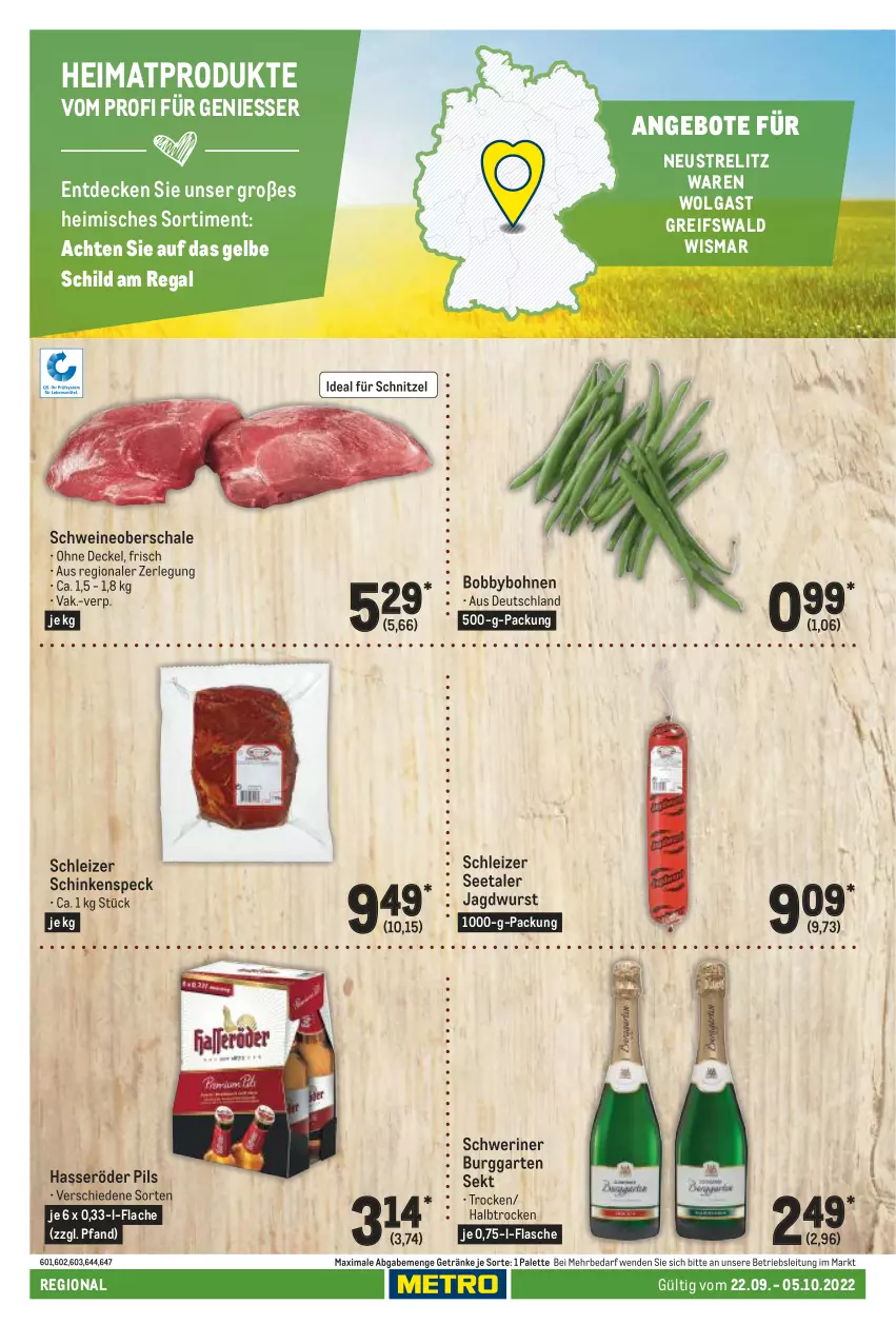 Aktueller Prospekt Metro - Regionaler Adresseinleger - von 22.09 bis 05.10.2022 - strona 56 - produkty: angebot, angebote, bohne, bohnen, decke, Deckel, flasche, Garten, getränk, getränke, hasseröder, jagdwurst, LG, Palette, pils, regal, rel, Schal, Schale, schinken, schinkenspeck, schnitzel, schwein, schweine, Schweineoberschale, sekt, Speck, Ti, wein, weine, wurst