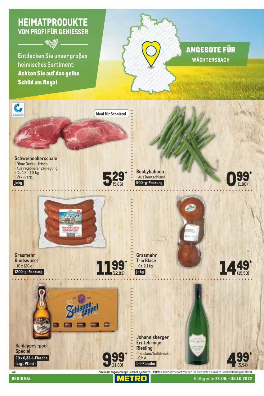 Aktueller Prospekt Metro - Regionaler Adresseinleger - von 22.09 bis 05.10.2022 - strona 60 - produkty: angebot, angebote, Berger, bohne, bohnen, decke, Deckel, flasche, getränk, getränke, Palette, regal, riesling, rind, ring, Schal, Schale, schnitzel, schwein, schweine, Schweineoberschale, Ti, wein, weine, wurst