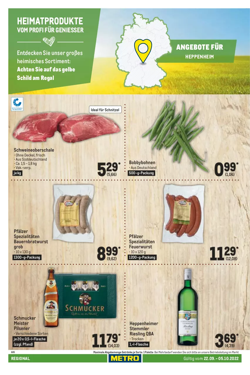 Aktueller Prospekt Metro - Regionaler Adresseinleger - von 22.09 bis 05.10.2022 - strona 62 - produkty: angebot, angebote, auer, Bau, Bauer, bohne, bohnen, bratwurst, decke, Deckel, eimer, eis, flasche, getränk, getränke, Meister, Palette, pils, pilsener, regal, riesling, Schal, Schale, Schmuck, schnitzel, schwein, schweine, Schweineoberschale, Spezi, Ti, wein, weine, wurst