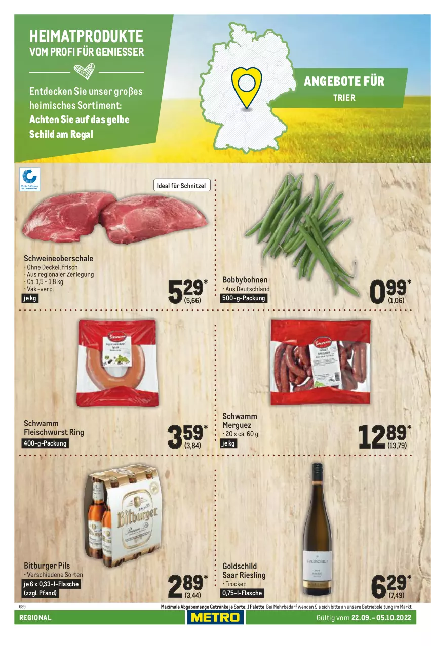 Aktueller Prospekt Metro - Regionaler Adresseinleger - von 22.09 bis 05.10.2022 - strona 64 - produkty: angebot, angebote, bitburger, bitburger pils, bohne, bohnen, burger, decke, Deckel, eis, flasche, fleisch, fleischwurst, getränk, getränke, Palette, pils, regal, riesling, ring, Schal, Schale, schnitzel, schwamm, schwein, schweine, Schweineoberschale, Ti, wein, weine, wurst