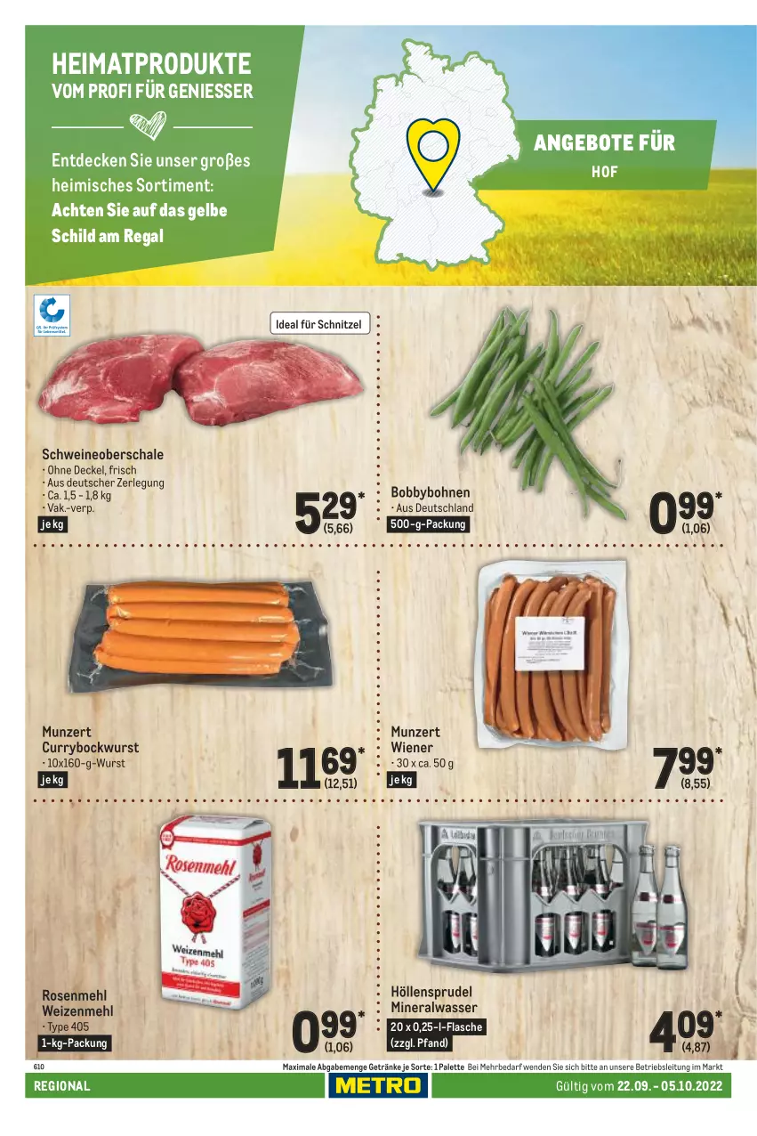 Aktueller Prospekt Metro - Regionaler Adresseinleger - von 22.09 bis 05.10.2022 - strona 66 - produkty: Alwa, angebot, angebote, bockwurst, bohne, bohnen, curry, decke, Deckel, flasche, getränk, getränke, mehl, mineralwasser, Palette, regal, rosen, Rosenmehl, Schal, Schale, schnitzel, schwein, schweine, Schweineoberschale, Sprudel, Ti, type 405, wasser, wein, weine, weizenmehl, wiener, wurst