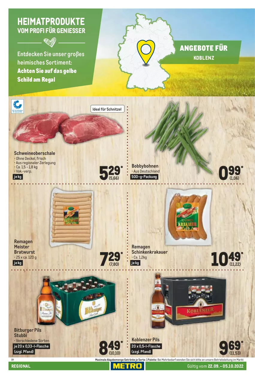 Aktueller Prospekt Metro - Regionaler Adresseinleger - von 22.09 bis 05.10.2022 - strona 72 - produkty: angebot, angebote, auer, bitburger, bitburger pils, bohne, bohnen, bratwurst, burger, decke, Deckel, eis, flasche, getränk, getränke, krakauer, Meister, Palette, pils, regal, Schal, Schale, schinken, schinkenkrakauer, schnitzel, schwein, schweine, Schweineoberschale, Ti, wein, weine, wurst