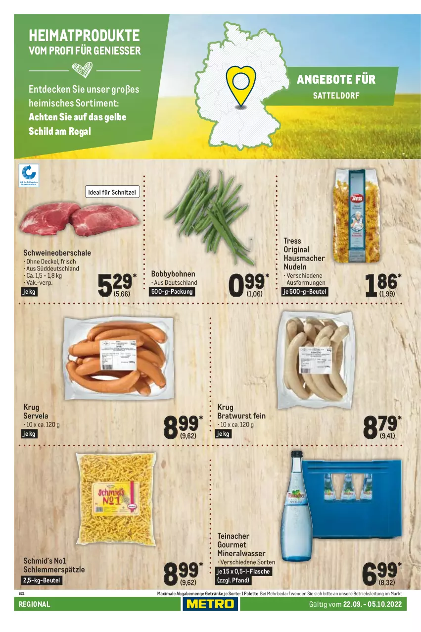 Aktueller Prospekt Metro - Regionaler Adresseinleger - von 22.09 bis 05.10.2022 - strona 88 - produkty: Alwa, angebot, angebote, beutel, bohne, bohnen, bratwurst, decke, Deckel, flasche, getränk, getränke, gin, Hausmacher, mac, mineralwasser, nudel, nudeln, Palette, regal, sattel, Schal, Schale, schnitzel, schwein, schweine, Schweineoberschale, Ti, wasser, wein, weine, wurst