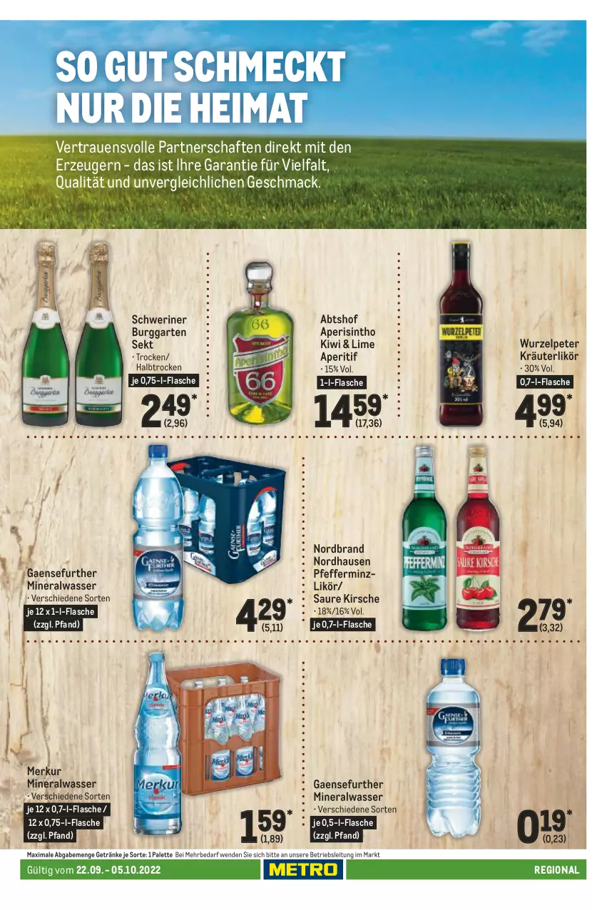 Aktueller Prospekt Metro - Regionaler Adresseinleger - von 22.09 bis 05.10.2022 - strona 97 - produkty: Alwa, aperitif, flasche, Garten, getränk, getränke, kirsch, kirsche, kiwi, kräuter, kräuterlikör, likör, mac, mineralwasser, nordbrand, Palette, pfeffer, pfefferminzlikör, sekt, Ti, wasser