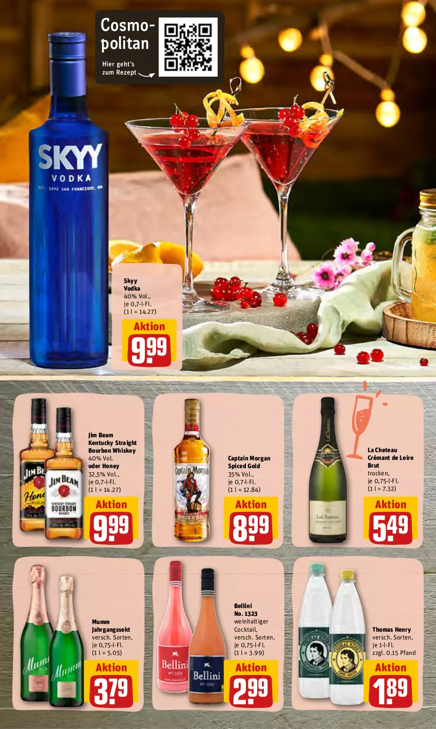 Aktueller Prospekt Rewe - Diese Woche im Angebot! - von 27.06 bis 02.07.2022 - strona 16 - produkty: bourbon, bourbon whiskey, brut, Cap, captain morgan, cocktail, crémant de loire, jahrgangssekt, jim beam, kentucky straight, mumm, rezept, sekt, skyy, Skyy Vodka, thomas henry, Ti, tuc, vodka, wein, whiskey