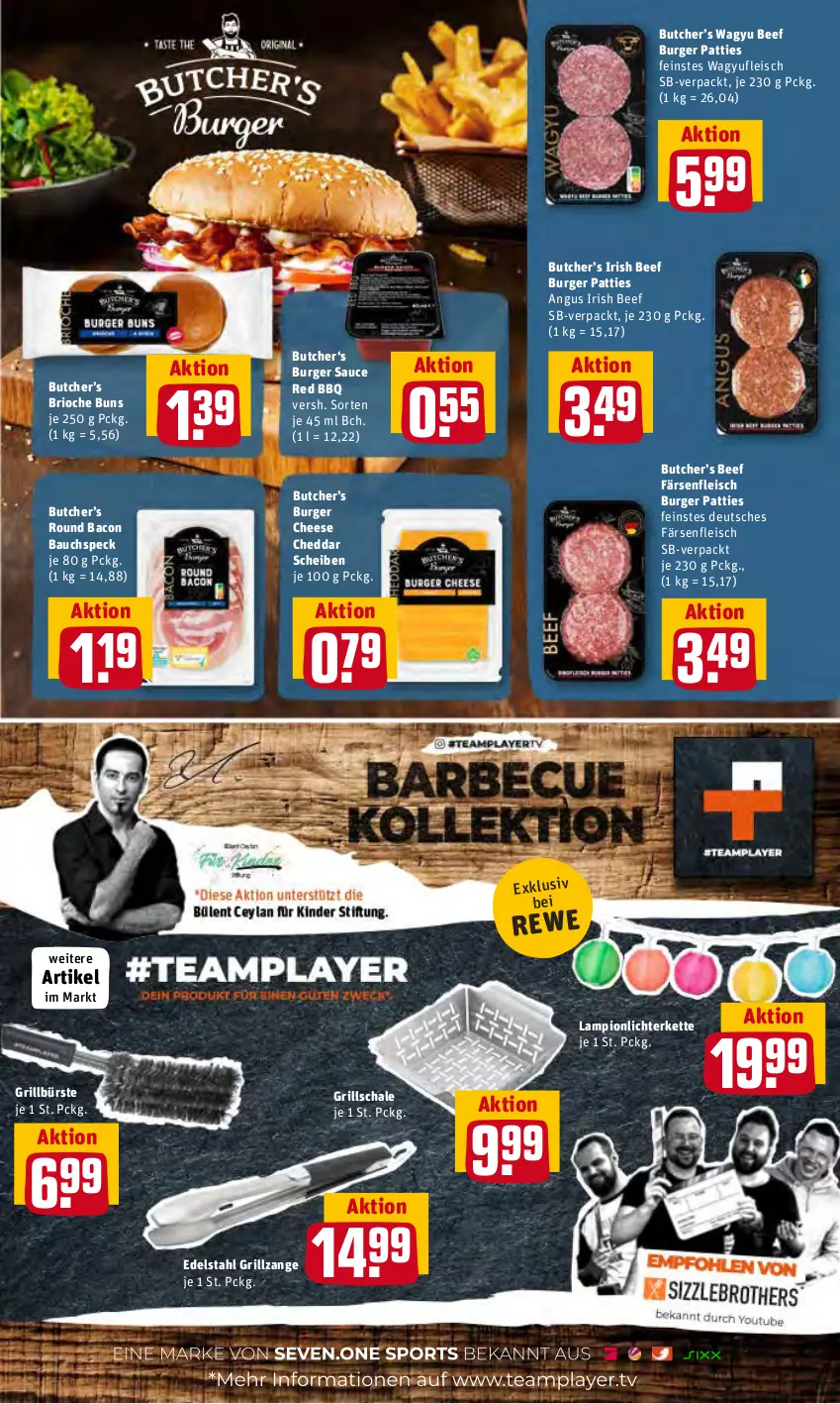 Aktueller Prospekt Rewe - Diese Woche im Angebot! - von 27.06 bis 02.07.2022 - strona 19 - produkty: bacon, Bau, beef, burger, Burger Sauce, bürste, cheddar, edelstahl, eis, fleisch, grill, grillzange, Kette, lichterkette, sauce, Schal, Schale, senf, Speck, Ti