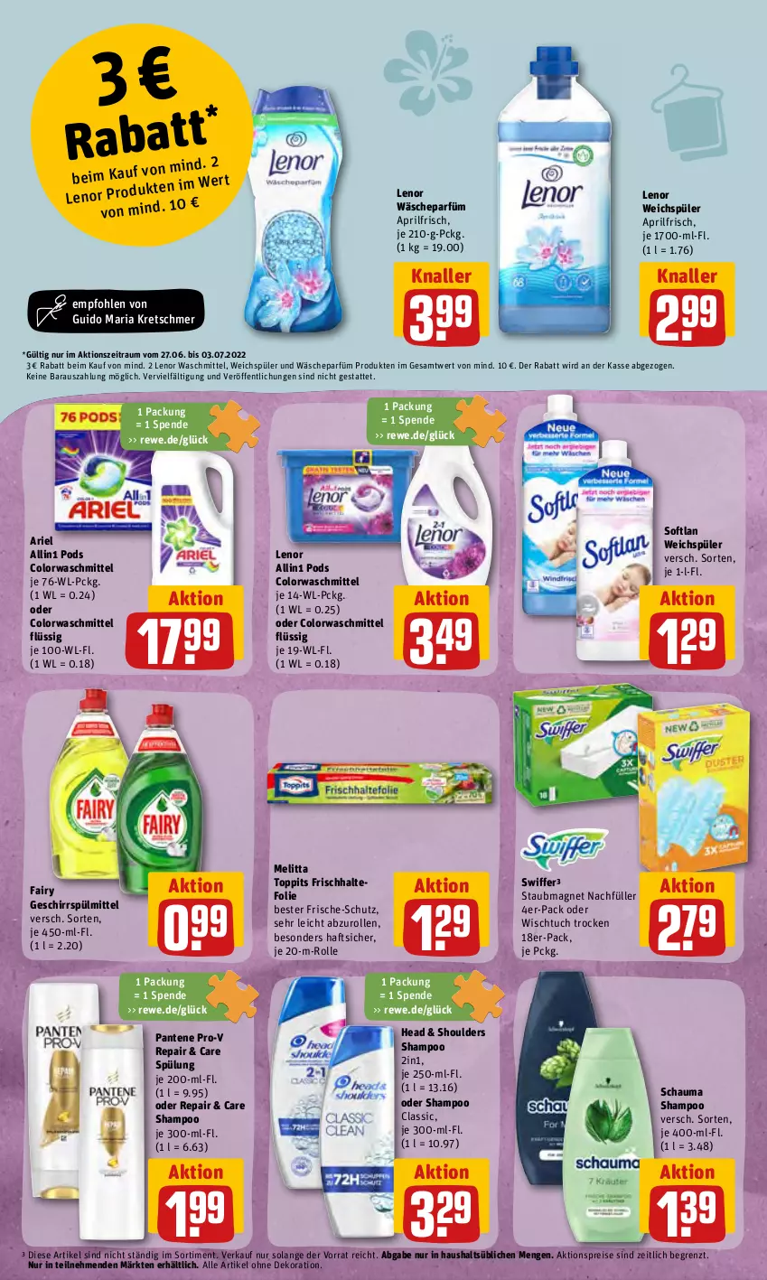 Aktueller Prospekt Rewe - Diese Woche im Angebot! - von 27.06 bis 02.07.2022 - strona 20 - produkty: aktionspreis, alle artikel ohne dekoration, ariel, colorwaschmittel, dekoration, eis, fairy, frischhaltefolie, geschirr, geschirrspülmittel, lenor, lenor waschmittel, lenor weichspüler, melitta, pantene, pantene pro-v, Pods, pril, pro-v, reis, Ria, schauma, schauma shampoo, shampoo, Softlan, spülmittel, spülung, staubmagnet, swiffer, Ti, toppits, tuc, wäscheparfüm, waschmittel, weichspüler