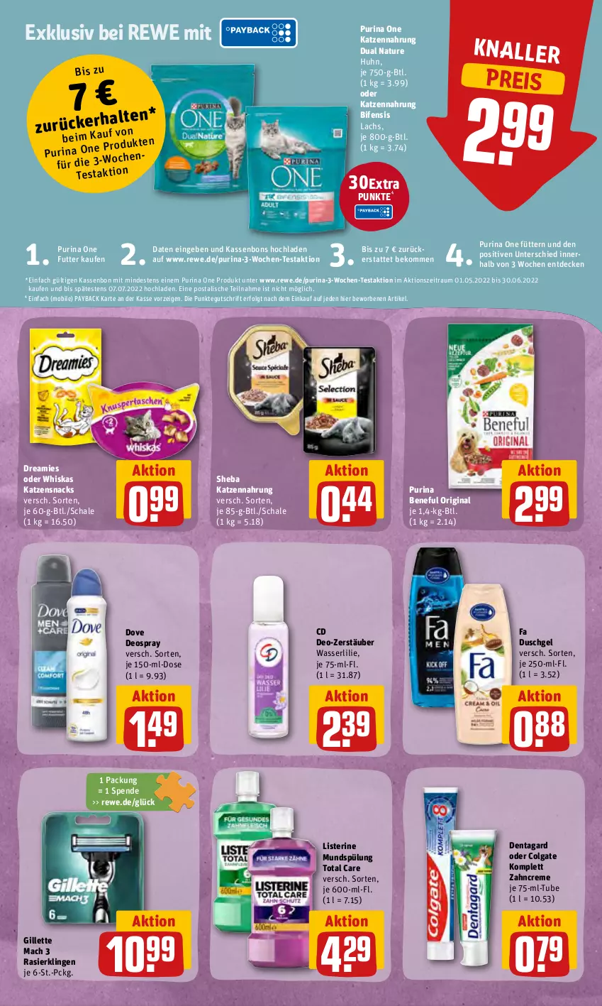 Aktueller Prospekt Rewe - Diese Woche im Angebot! - von 27.06 bis 02.07.2022 - strona 21 - produkty: beko, colgate, creme, decke, deo, deospray, dove, dreamies, duschgel, eis, fa duschgel, gillette, gin, katzennahrung, katzensnack, katzensnacks, lachs, LG, listerine, mac, mundspülung, natur, payback, purina, Rasierklinge, rasierklingen, reis, Schal, Schale, sheba, snack, snacks, spülung, Ti, total care, wasser, whiskas, zahncreme