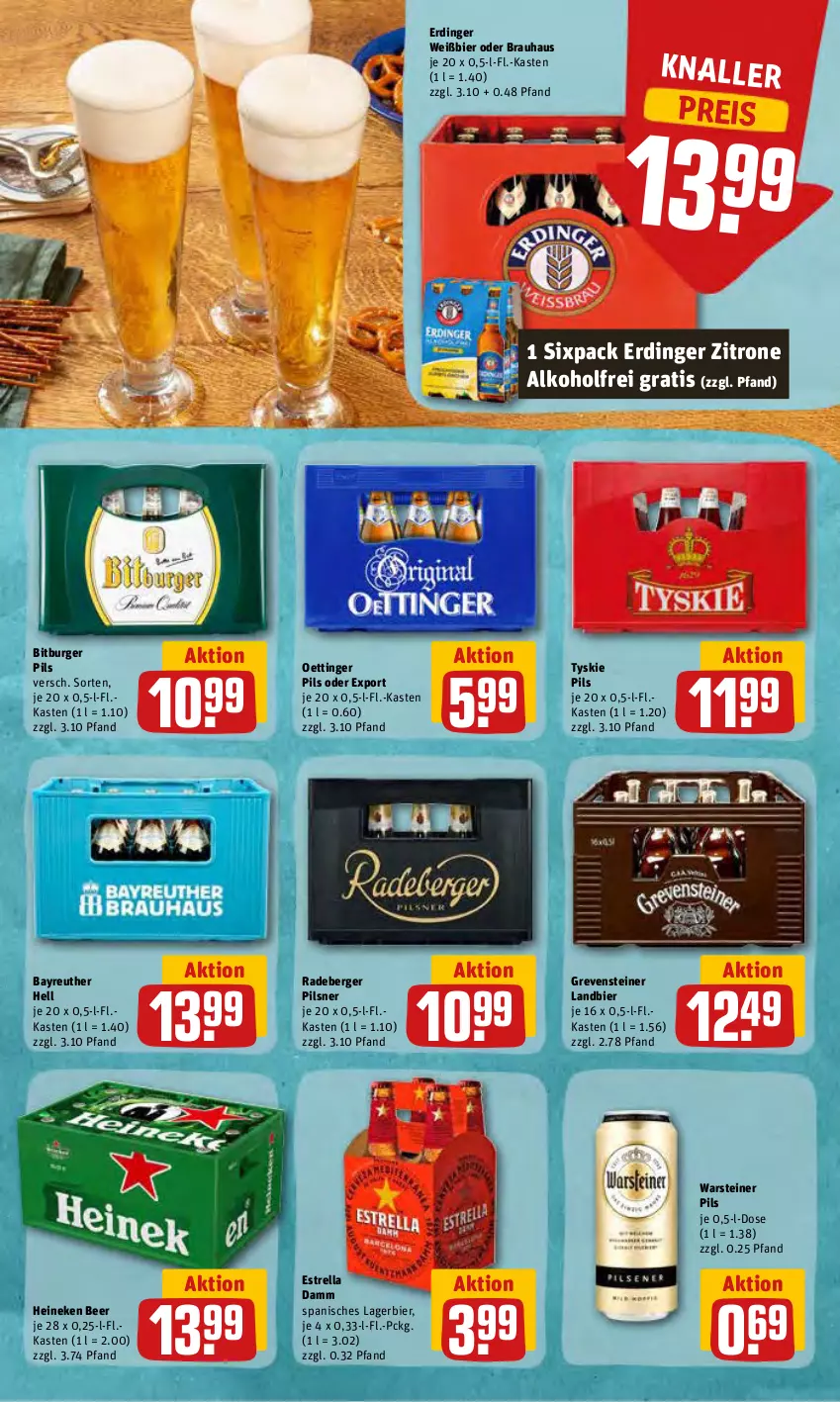 Aktueller Prospekt Rewe - Diese Woche im Angebot! - von 27.06 bis 02.07.2022 - strona 25 - produkty: alkohol, Berger, bier, bitburger, bitburger pils, burger, eis, erdinger, Estrella Damm, grevensteiner, heineken, Lagerbier, oettinger, pils, pilsner, radeberger, radeberger pilsner, reis, rel, steiner, Ti, tyskie, warsteiner, zitrone