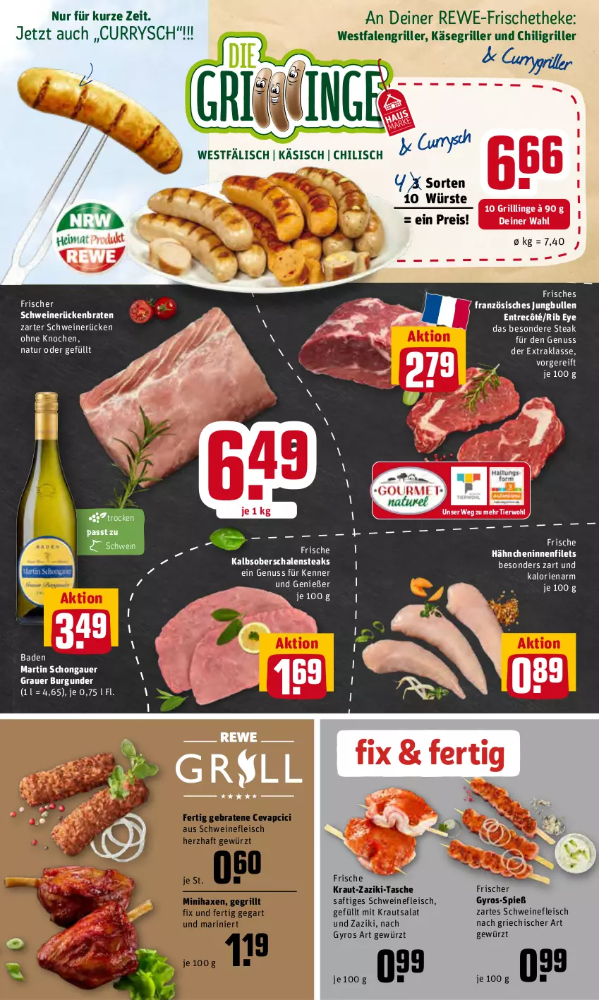 Aktueller Prospekt Rewe - Diese Woche im Angebot! - von 27.06 bis 02.07.2022 - strona 4 - produkty: auer, axe, Bad, braten, burgunder, cevapcici, chili, curry, eis, filet, filets, fleisch, Frische Hähnchen, gewürz, grauer burgunder, grill, gyros, Haxe, jungbullen, Käse, Kraut, krautsalat, natur, nuss, reis, Rückenbraten, saft, salat, Schal, Schale, schwein, schweine, schweinefleisch, schweinerücken, steak, steaks, Tasche, Ti, wein, weine, zaziki