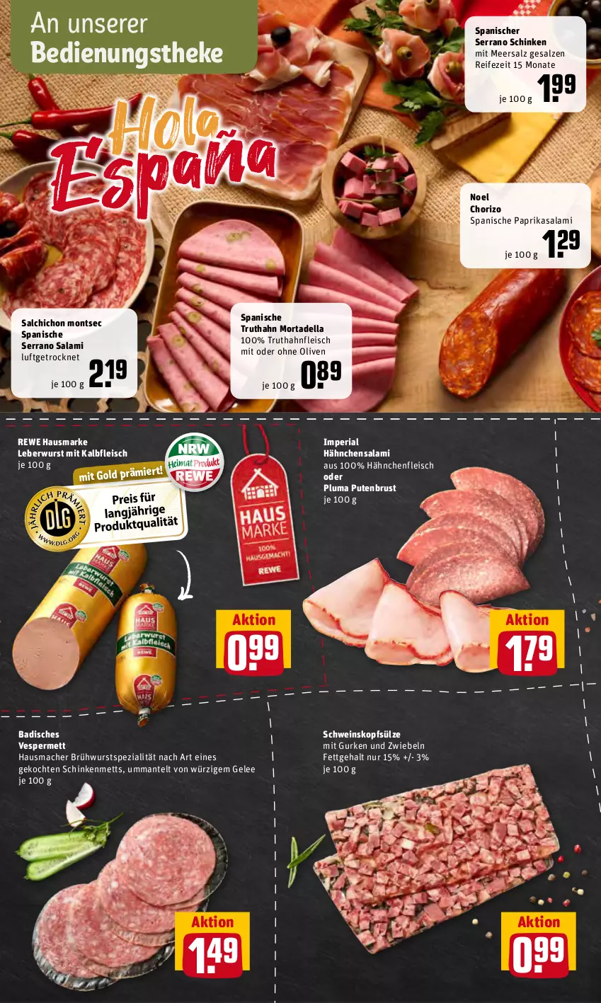 Aktueller Prospekt Rewe - Diese Woche im Angebot! - von 27.06 bis 02.07.2022 - strona 6 - produkty: Bad, Brühwurst, chorizo, dell, eis, fleisch, gelee, gurke, gurken, Hähnchenfleisch, Hausmacher, hausmarke, Kalbfleisch, leberwurst, mac, Mantel, meersalz, Mett, mit kalbfleisch, mortadella, olive, oliven, paprika, pute, putenbrust, rewe hausmarke, Ria, salami, salz, schinken, schwein, serrano, serrano schinken, Spezi, Ti, truthahn, wein, wurst, zwiebel, zwiebeln