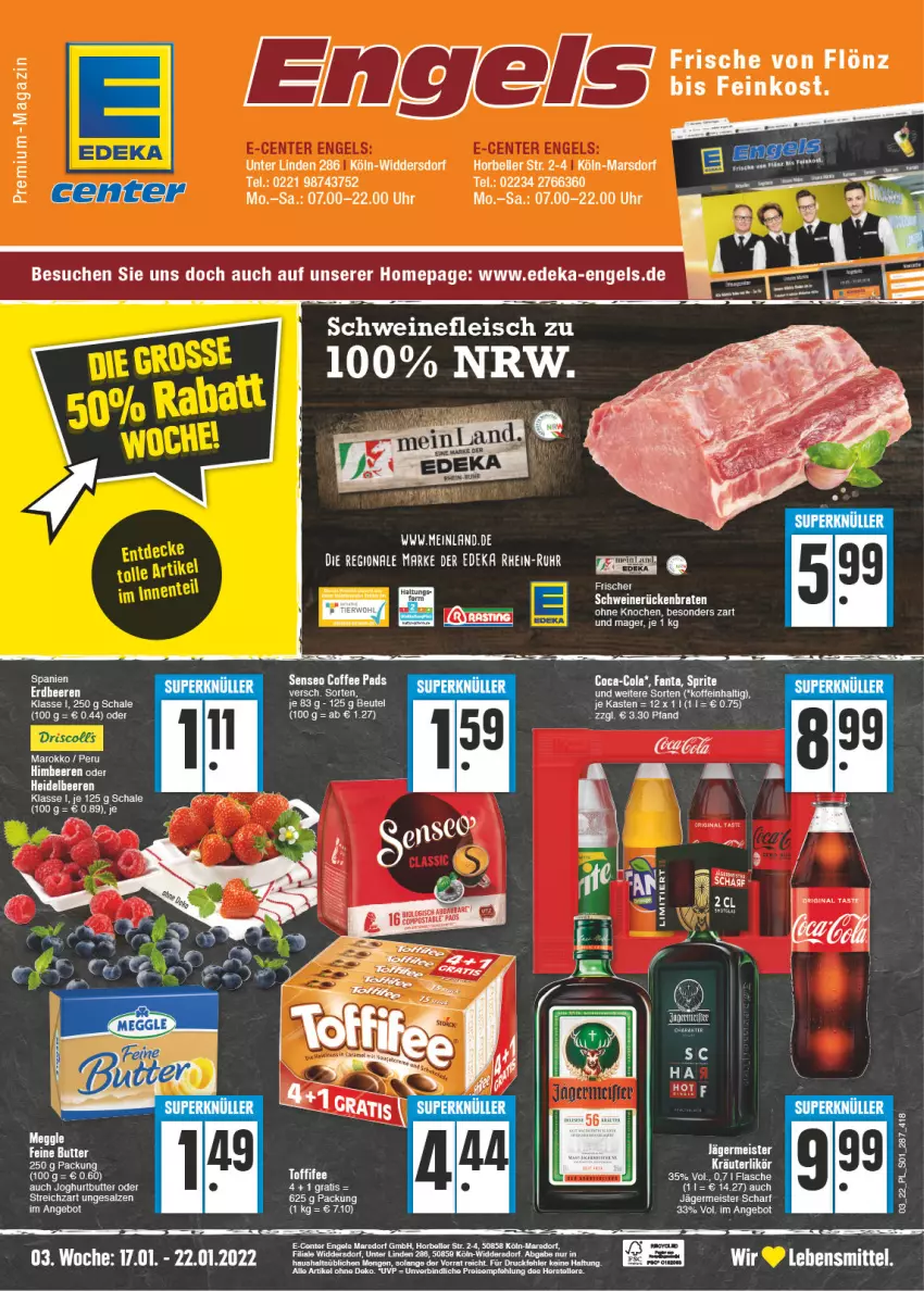 Aktueller Prospekt E Center - Angebote der Woche - von 17.01 bis 22.01.2022 - strona 1 - produkty: angebot, beere, beeren, bett, beutel, bio, butter, deka, eis, elle, Engel, ente, feinkost, fleisch, Germ, himbeer, himbeere, himbeeren, jägermeister, joghur, joghurt, kräuter, kräuterlikör, lebensmittel, likör, mars, Meister, Omep, reis, reiss, salz, Schal, Schale, schwein, schweine, schweinefleisch, senseo, Streichzart, tee, teller, Ti, uhr, wein, weine