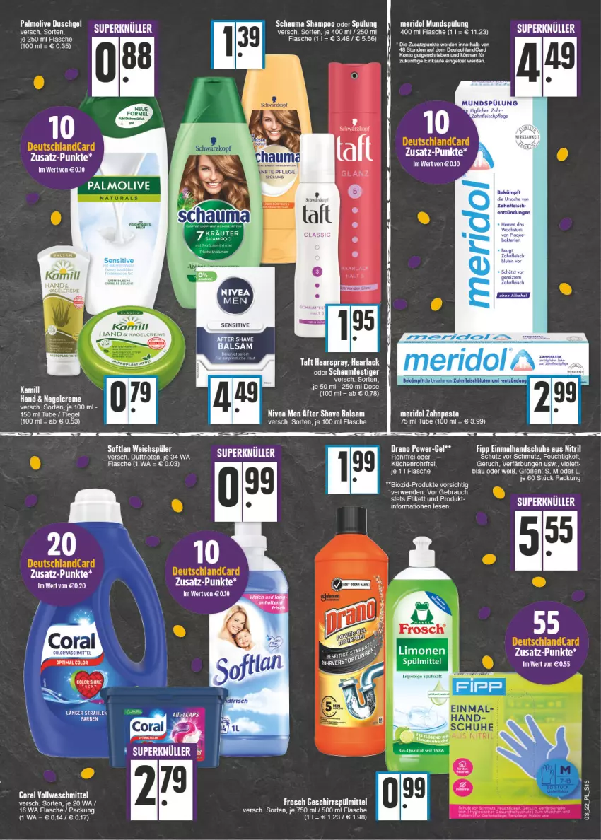 Aktueller Prospekt E Center - Angebote der Woche - von 17.01 bis 22.01.2022 - strona 15 - produkty: after shave, arla, balsam, bio, creme, eis, elle, erde, flasche, fleisch, Haarlack, haarspray, handschuhe, kräuter, küche, Küchen, lack, limo, limonen, meridol, mundspülung, nivea, Nivea Men, olive, palmolive, pasta, power-gel, Rauch, rwe, schauma, schauma shampoo, schuhe, schwarzkop, schwarzkopf, shampoo, shampoo oder spülung, Softlan, spülmittel, spülung, Taft, tee, Ti, weichspüler, zahnpasta