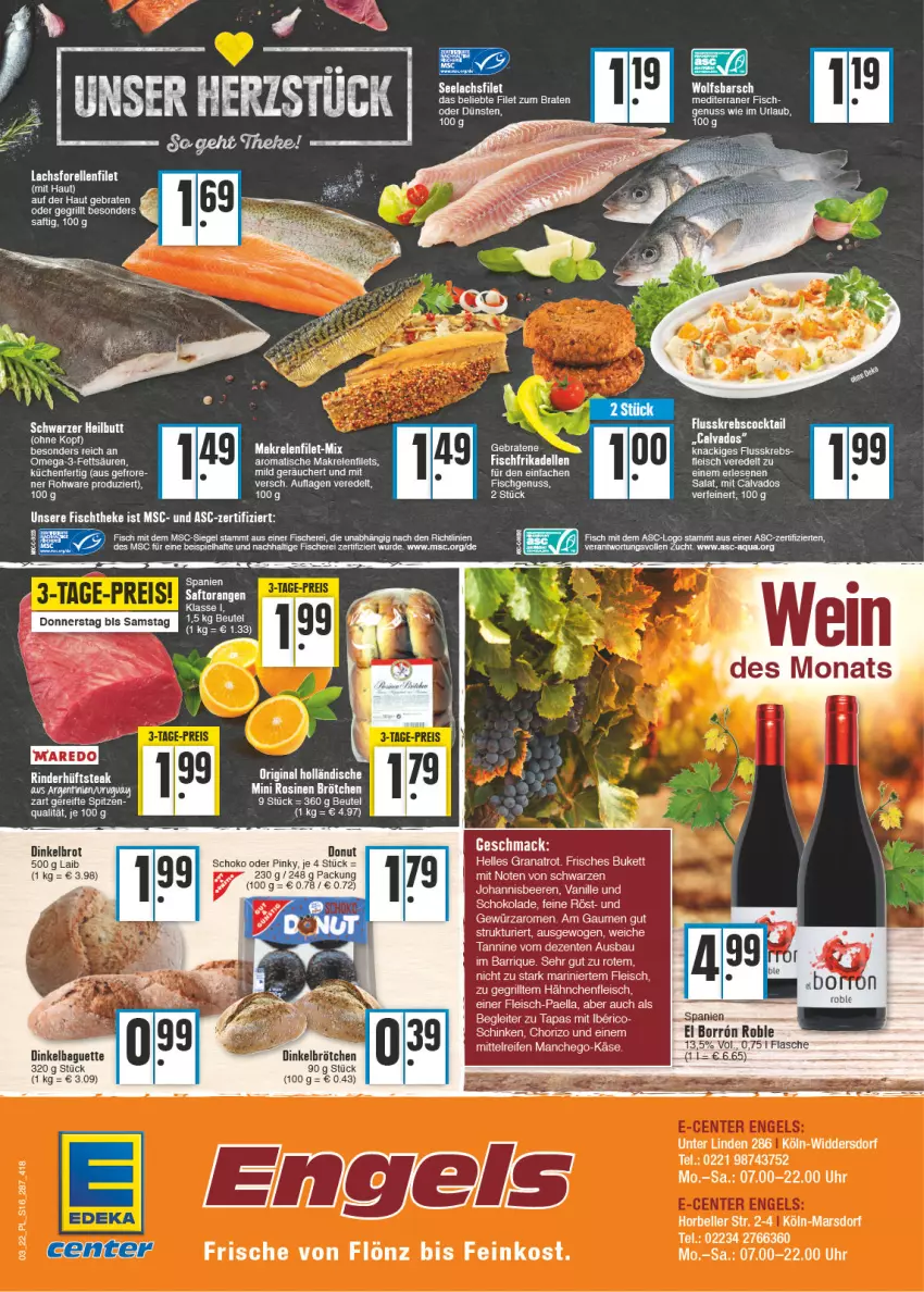 Aktueller Prospekt E Center - Angebote der Woche - von 17.01 bis 22.01.2022 - strona 16 - produkty: aqua, baguette, Bau, beere, beeren, beutel, braten, brot, brötchen, chorizo, dell, Dinkelbrot, dinkelbrötchen, Donut, eis, elle, ente, feinkost, filet, filets, fisch, fische, Fischer, fischtheke, flasche, fleisch, forelle, frikadellen, gewürz, gin, grana, grill, Hähnchenfleisch, johannisbeere, Johannisbeeren, Käse, küche, Küchen, lachs, lachsfilet, Liege, mac, Makrele, Makrelenfilets, Manchego, mars, nuss, omega, Omega-3, orange, orangen, paella, Rana, reifen, rel, saft, Saftorangen, Schere, schinken, schoko, schokolade, seelachsfilet, Tapas, Ti, tisch, uhr, usb, vanille, wolfsbarsch