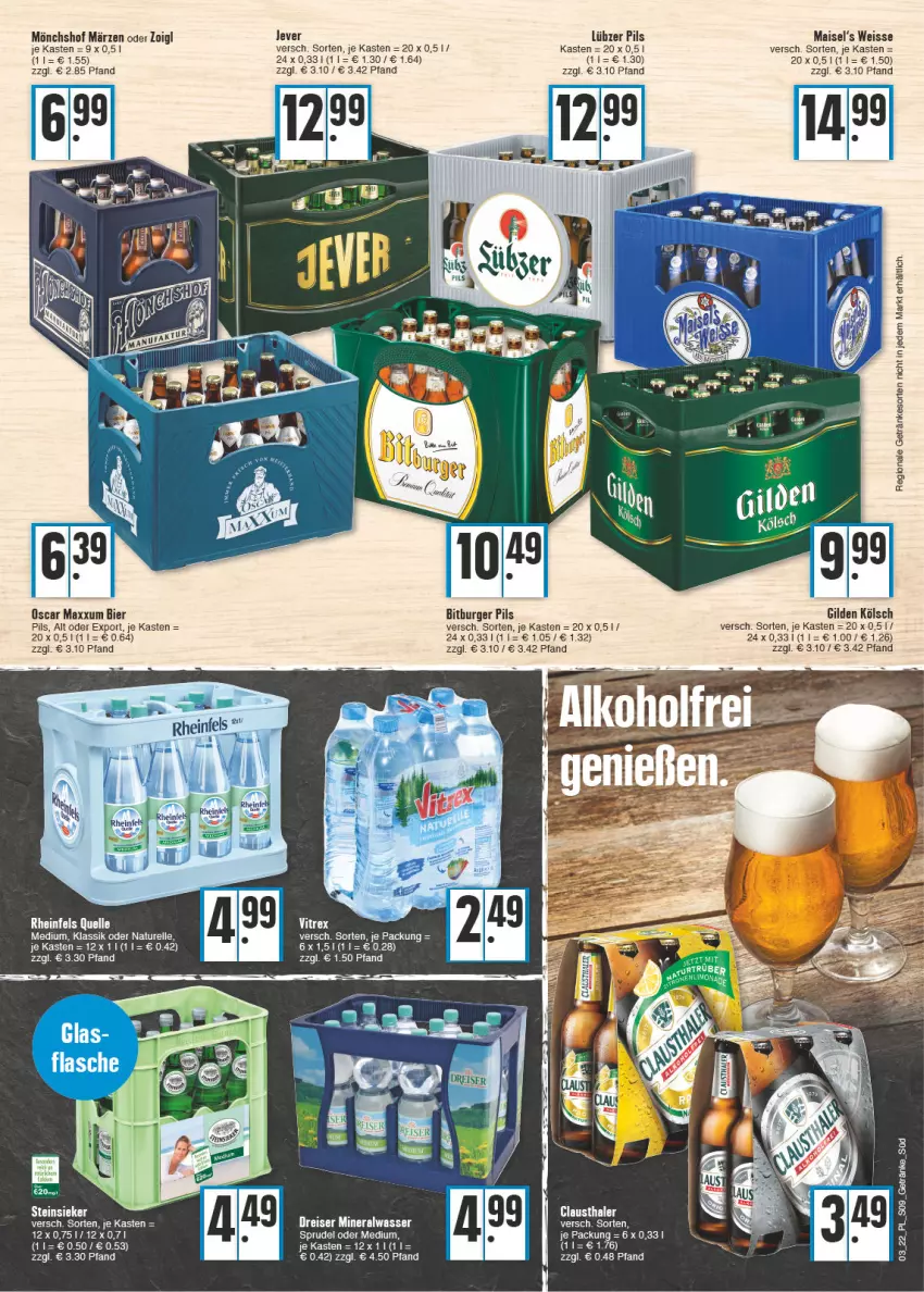 Aktueller Prospekt E Center - Angebote der Woche - von 17.01 bis 22.01.2022 - strona 9 - produkty: Alwa, aust, bier, bitburger, bitburger pils, burger, clausthaler, eis, elle, getränk, getränke, jever, Lübzer, mais, mineralwasser, mönchshof, natur, pils, reis, rel, rheinfels quelle, Sprudel, Steinsieker, tee, wasser