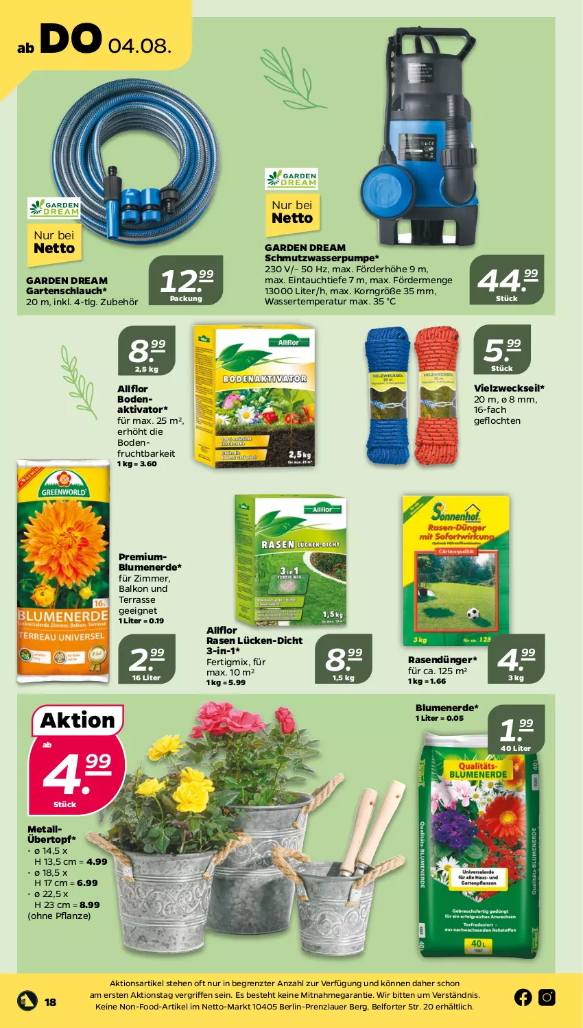 Aktueller Prospekt Netto - Woche 31 - von 01.08 bis 06.08.2022 - strona 18 - produkty: auer, blume, blumen, blumenerde, dünger, erde, frucht, Garten, gartenschlauch, korn, LG, pflanze, rasen, rasendünger, schlauch, Ti, topf, übertopf, Vielzweckseil, wasser, weck, ZTE