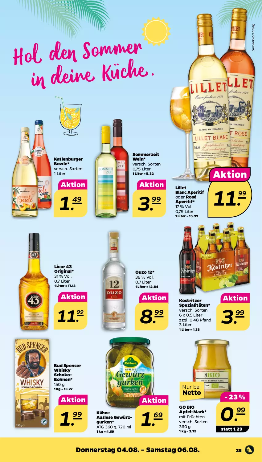 Aktueller Prospekt Netto - Woche 31 - von 01.08 bis 06.08.2022 - strona 25 - produkty: aperitif, apfel, bio, bohne, bohnen, bowle, burger, früchte, früchten, gewürz, Gewürzgurke, gewürzgurken, gin, gurke, gurken, katlenburger, köstritzer, Kühne, licor, licor 43, lillet, ouzo, ouzo 12, schoko, Spezi, Ti, wein, whisky