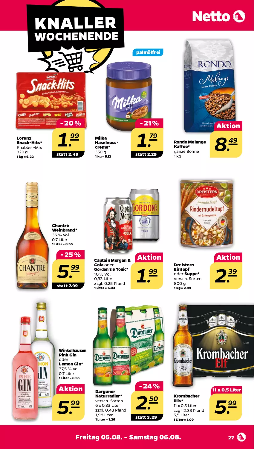 Aktueller Prospekt Netto - Woche 31 - von 01.08 bis 06.08.2022 - strona 27 - produkty: bohne, Cap, captain morgan, chantré, cola, creme, dreistern, eintopf, eis, Elan, gin, gordon, Gordon’s, haselnuss, Haselnusscreme, kaffee, krombache, krombacher, krombacher pils, lorenz, milka, natur, nuss, pils, radler, reis, snack, suppe, Ti, tonic, topf, wein, weinbrand, winkelhausen