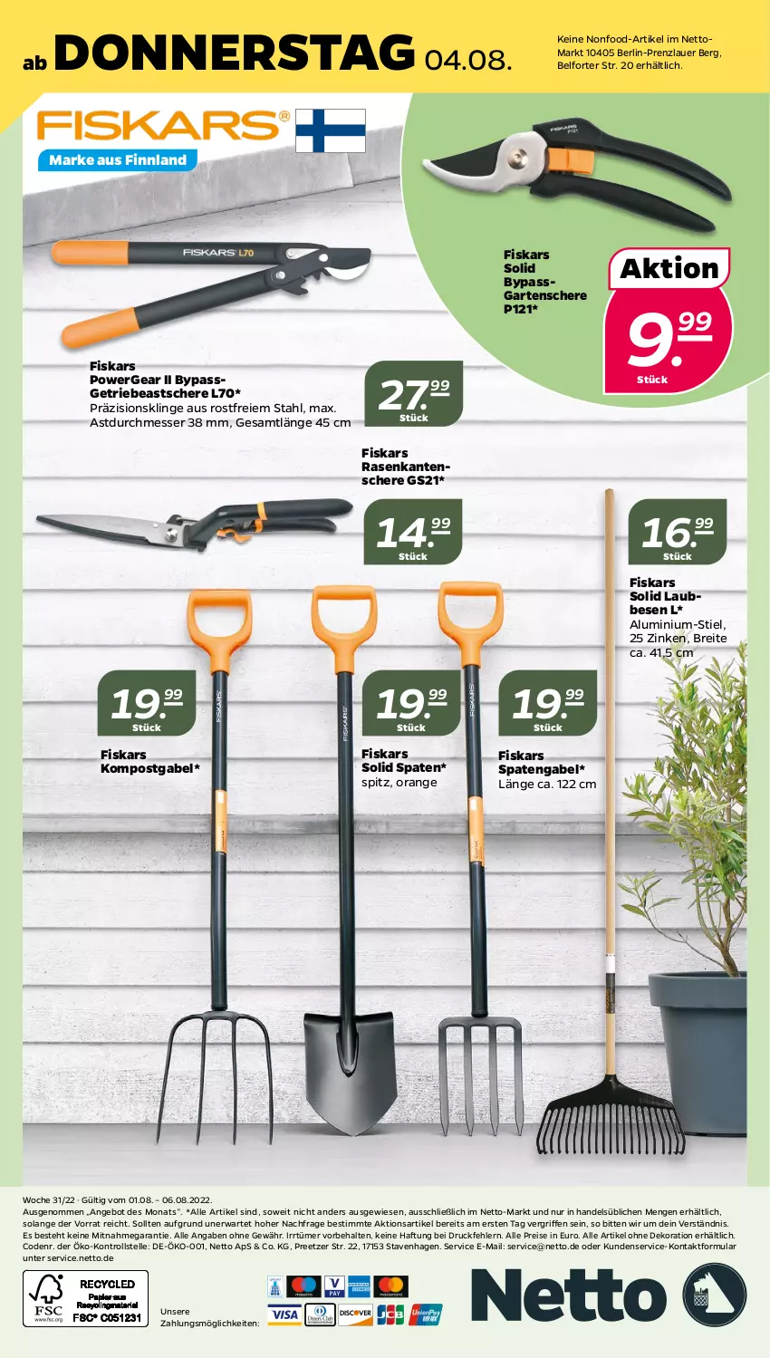 Aktueller Prospekt Netto - Woche 31 - von 01.08 bis 06.08.2022 - strona 28 - produkty: alle artikel ohne dekoration, angebot, auer, Brei, dekoration, eis, elle, fiskars, gabel, Garten, Gartenschere, messer, orange, rasen, reis, Schere, Spaten, Ti