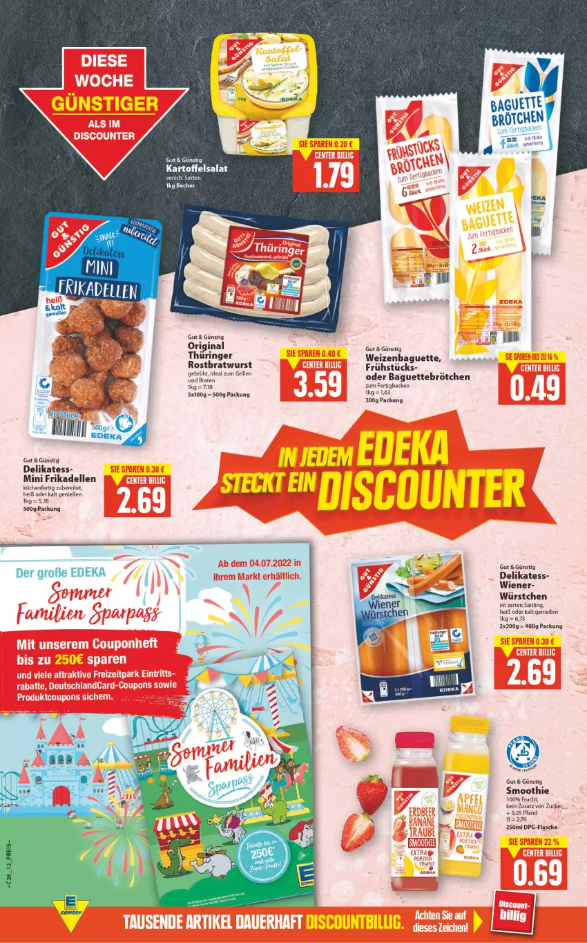 Aktueller Prospekt E Center - Angebote der Woche - von 27.06 bis 02.07.2022 - strona 12 - produkty: baguette, bratwurst, brot, brötchen, buch, deka, dell, elle, flasche, frikadellen, frucht, gin, grill, ideal zum grillen, im zarten saitling, kartoffel, kartoffelsalat, küche, Küchen, ring, rostbratwurst, salat, smoothie, tee, Ti, tuc, wiener, wurst, würstchen, zucker